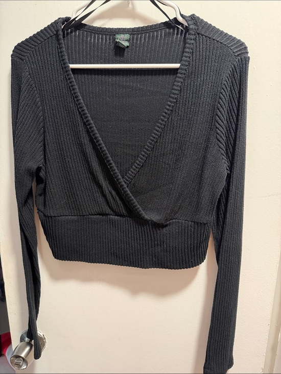 wild fable Tops - wild fable Black Ribbed Wrap-Front Long Sleeve Crop Top